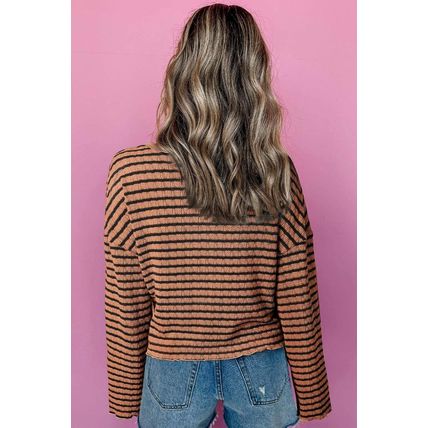 Brown Stripe Textured Frilly Trim Buttons Henley Long Sleeve Top