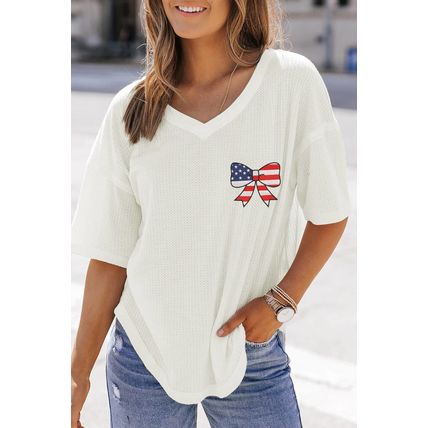 White Embroidered Stars Stripes Bowknot Logo Textured Knit T Shirt