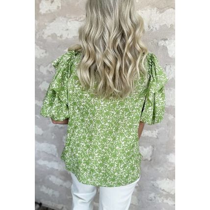 Light Green Floral Ruffle Puff Short Sleeve Frilled Collar V Neck Blouse