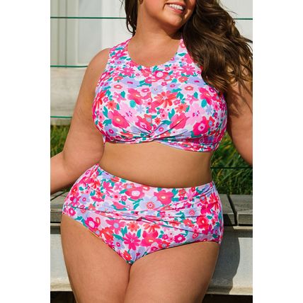 Rose Plus Size Floral Print Twisted High Waist Bikini Set