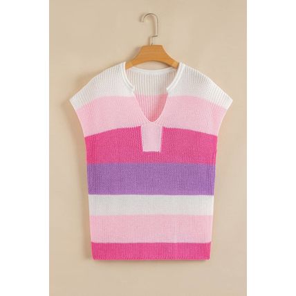 Pink Color Block Notch V Neck Sweater T Shirt