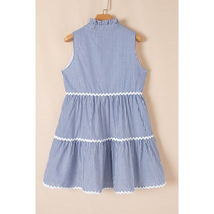 Blue Stripe Sleeveless Notched V Neck Contrast Ric Rac Mini Dress
