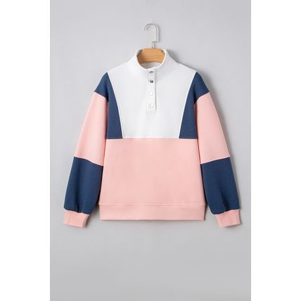 Pink Colorblock Patchwork Half Button Baggy Sweatshirt