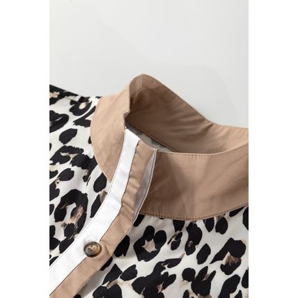 Multicolour Button Striped Collar Leopard Print Long Sleeve Flared Dress
