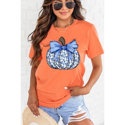 Orange Floral Pumpkin Bow Print Thanksgiving T Shirt