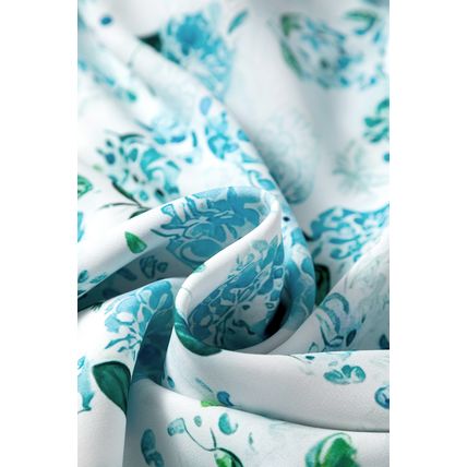 Sky Blue Floral Print Frilled Trim Tie Neck Elastic Cuffs Long Sleeve Blouse