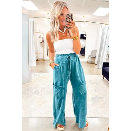Lapis Mineral Wash Lace-up High Waist Raw Hem Patched Pocket Pants