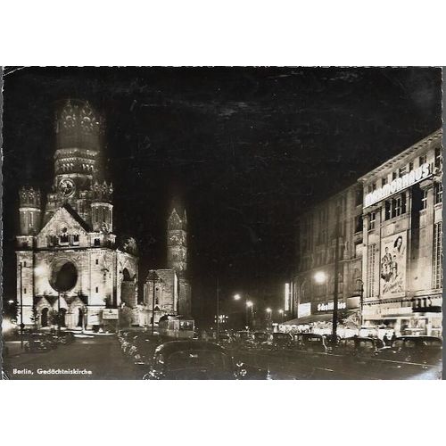 Berlin, Germany - Gedächtniskirche, church, night - RP postcard, stamp 1953 pmk