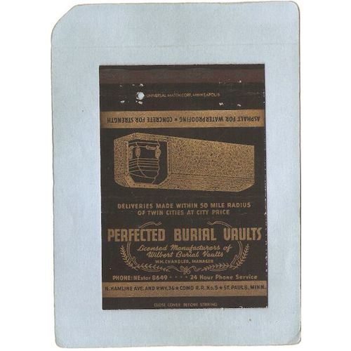 MN St Paul Matchcover Perfected Burial Vaults N Hamline Ave & Hwy 36 Cono ~368