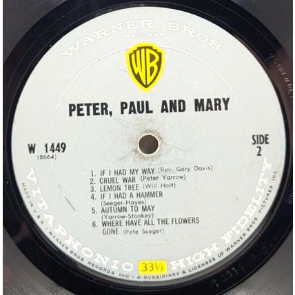 Peter, Paul and Mary First Album 1962 Warner Bros. LP Vinyl Record (P10)