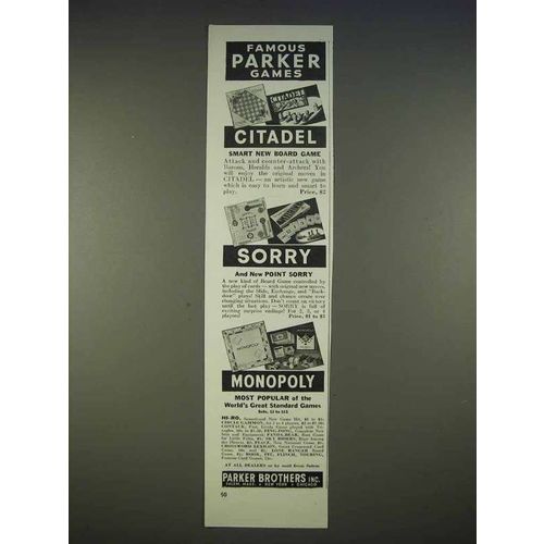 1940 Parker Brothers Games Ad - Sorry Monopoly Citadel