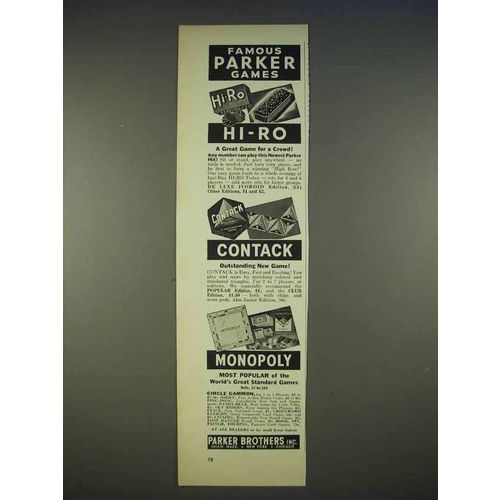 1940 Parker Brothers Games Ad, Hi-Ro, Contack, Monopoly