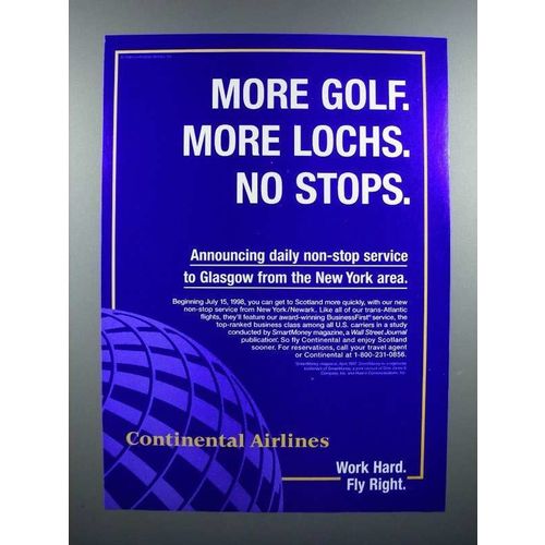 1998 Continental Airlines Ad - More Golf More Lochs