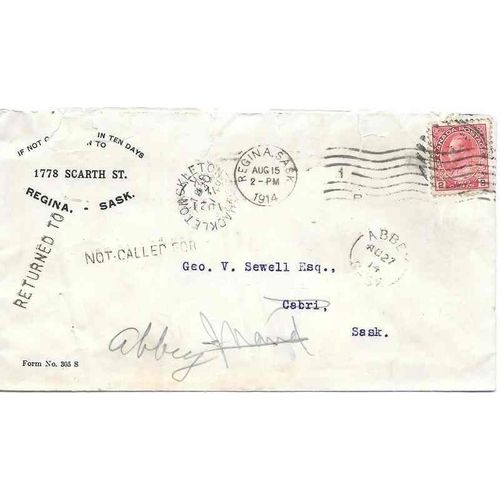 Canada Admiral 1914, Regina to Cabri redirected to Abbey then to Shackelton SASK