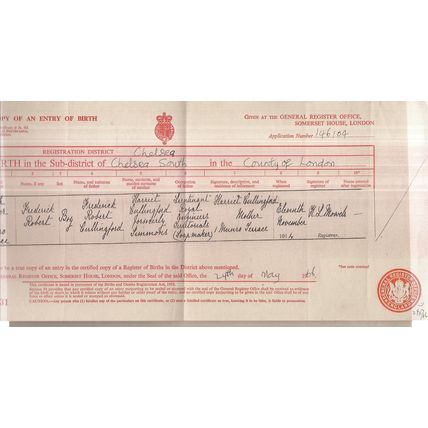 1966 a copy BIRTH CERTIFICATE for Frederick Robert Cullingford born 1914,Chelsea