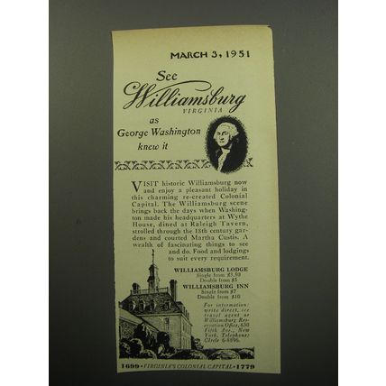 1951 Williamsburg Virginia Ad - See Williamsburg Virginia as George Washington