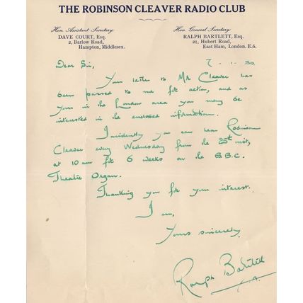 Robinson Cleaver Theatre Organ Club 1950s Hand Signed Letter