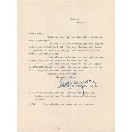 Lester Ferguson Antique Hand Signed Your Song Parade BBC Letter
