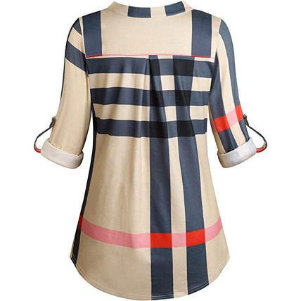 Moyabo Women'S 3/4 Cuffed Sleeve Zipped V Neck Plaid Tunic Shirt/Blouse LARGE