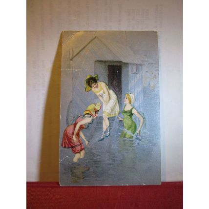 BATHING BEAUTIES, BATHING HUT used antique postcard by Stewart & Woolf 1910 pm =