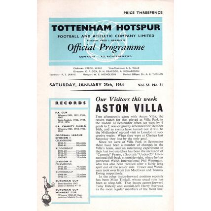 1963/64 Tottenham Hotspur / Spurs vs A Villa **FREE P&P**