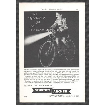STURMEY ARCHER DYNOHUB BICYCLE LIGHTING SET :- Original Vintage 1960 Advert