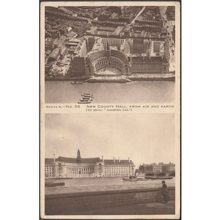 New County Hall from Air and Earth, London, 1924 - JM Black Postcard