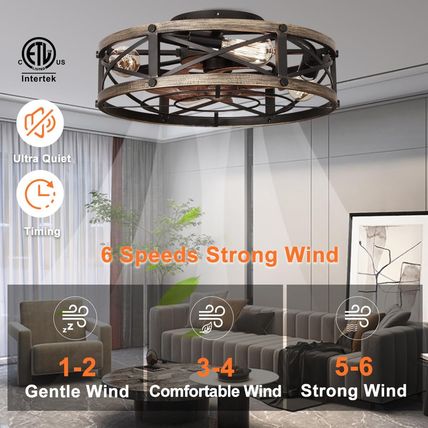 Farmhouse Flush Mount Caged Ceiling Fans with Lights, 6 Speeds, Rustic Low Profi