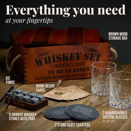 Mixology & Craft Whiskey Stones Gift Set for Men - 2 Glasses, 8 Chilling Rocks &