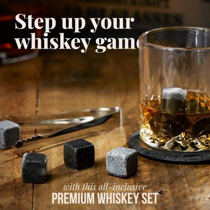 Mixology & Craft Whiskey Stones Gift Set for Men - 2 Glasses, 8 Chilling Rocks &