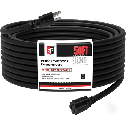 EP 50 Ft Outdoor Extension Cord - 12/3 SJTW Heavy Duty Black Extension Cable wit