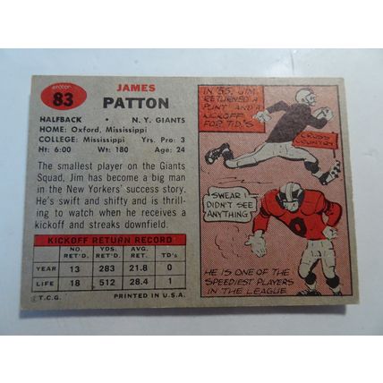 1957 Topps Football Card # 083 Jim Patton Good (2) New York Giants