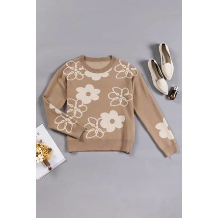 Camel Floral Drop Shoulder Ribbed Trim Sweater
