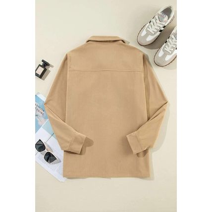Light French Beige Solid Frilled Flap Pocket Button Up Corduroy Shacket