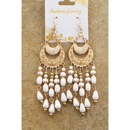 White Boho Beaded Tassel Alloy Charm Earrings