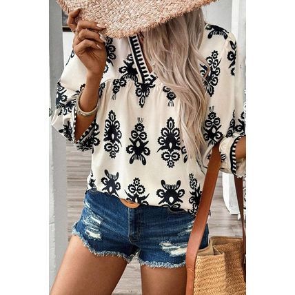 Beige Vintage Geometric Printed 3/4 Sleeve V Neck Blouse