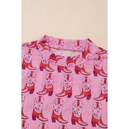Pink Cowgirl Boots Printed Mock Neck Long Sleeve Mesh Top