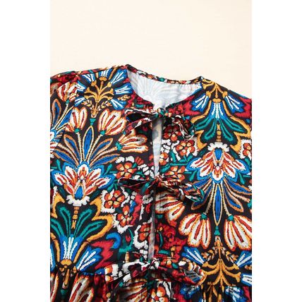 Black Tropical Print Bubble Sleeve Knot Front Blouse