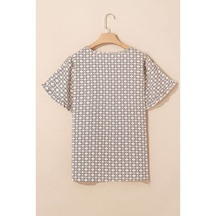 Khaki Plus Size Geometric Print Ruffled Sleeve Blouse