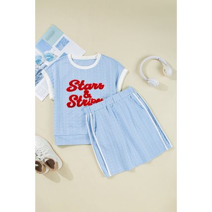 Beau Blue Stars & Stripes Graphic Textured Contrast Trim Casual Skirt Set