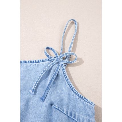 Beau Blue Bow Detail Spaghetti Straps Ruffle Hem Denim Short Dress