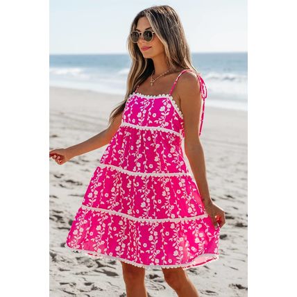 Pink Floral Print Ric Rac Patched Sleeveless Mini Dress