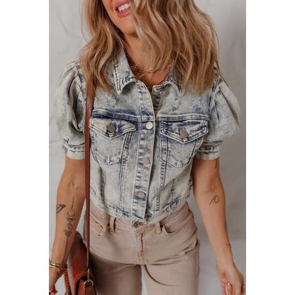 Beau Blue Light Wash Buttoned Chest Pocket Puff Sleeve Denim Jacket