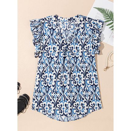 Sky Blue Boho Abstract Print Pintuck Detail Ruffled Top