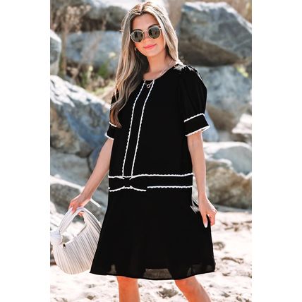 Black Contrast Scallop Trim Bow Detail Half Sleeve Shift Dress