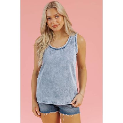 Beau Blue Mineral Wash Denim Frayed U Neck Sleeveless Top
