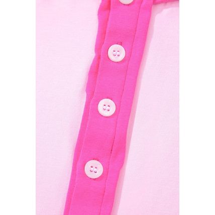 Pink Solid Color Half Sleeve Buttons Henley Top