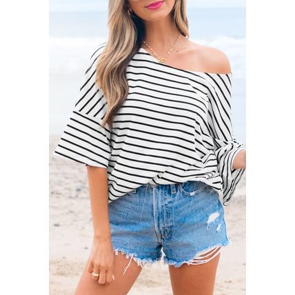 Black Stripe Half Sleeve Scoop Neck Loose Top