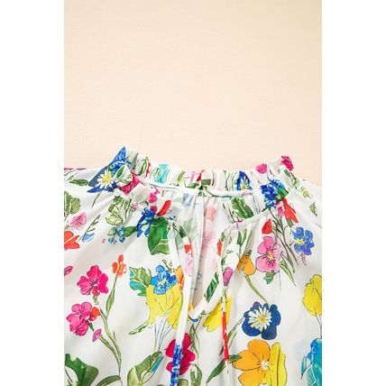 White Floral Print Ruffle Tiered Sleeve Split V Neck Blouse