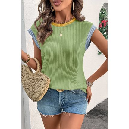Grass Green Color Block Corded Knit Crew Neck Tee